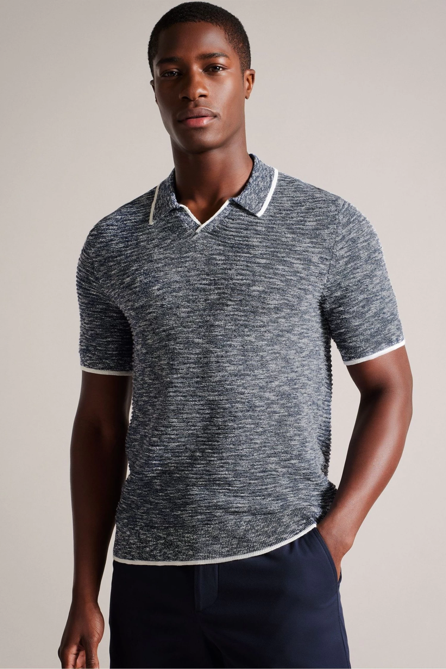 Ted Baker Blue Regular Planter Marl Open Collar Polo Shirt