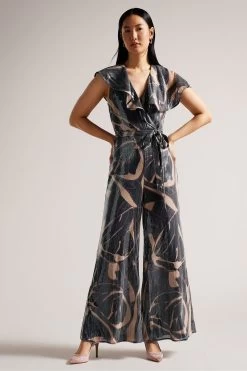 Ted Baker Edennie Printed Sequin Ruffle Black Jumpsuit
