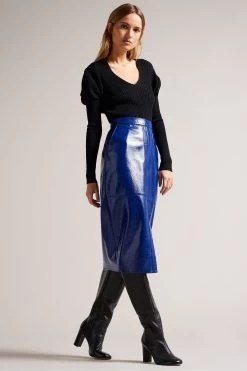 Ted Baker Vinell Blue Panelled Vinyl Pencil Skirt