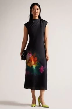 Ted Baker Averiee Black Slip Midi Dress With Draped Neck Detail