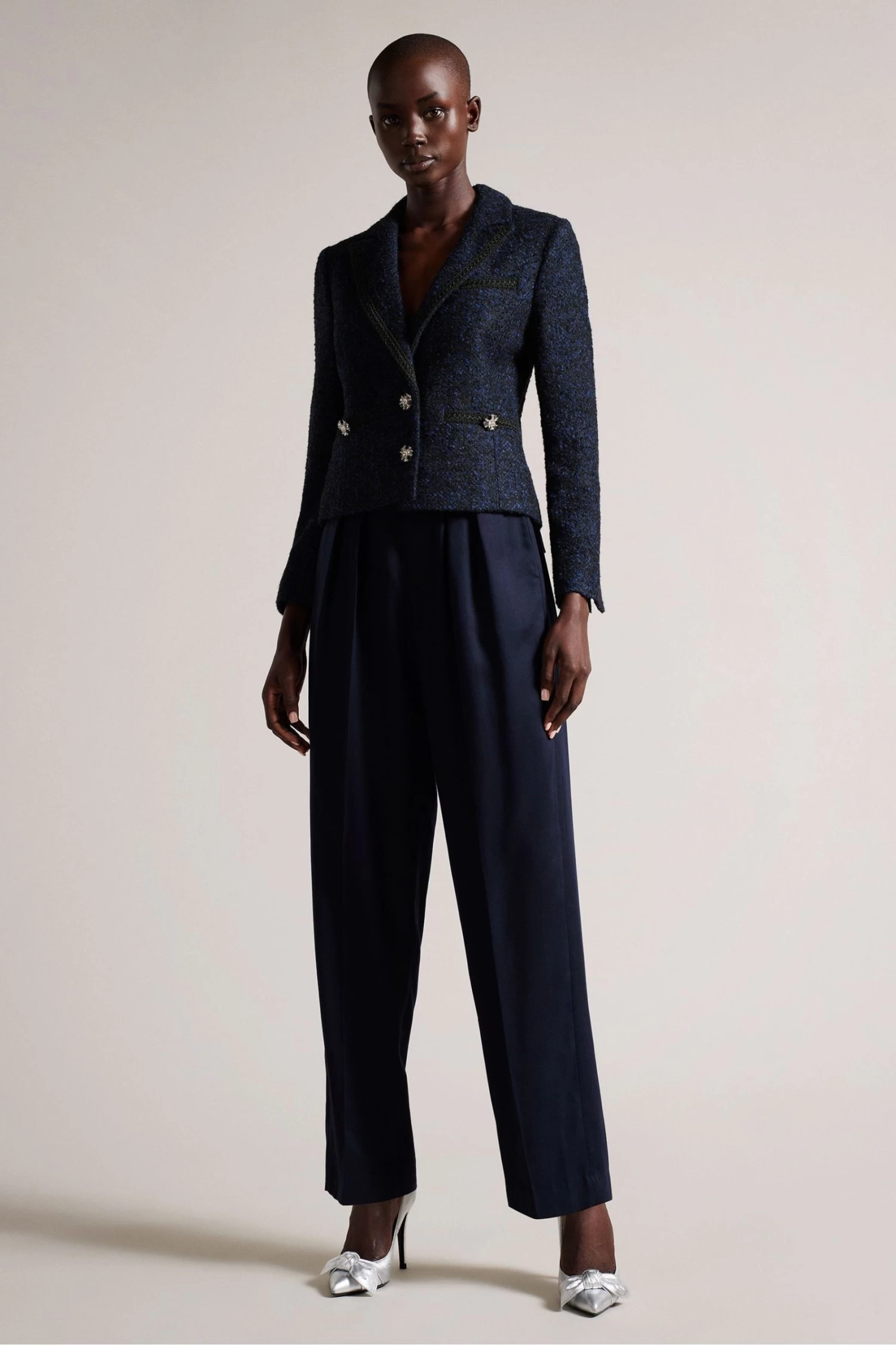 Ted Baker Alenaah Dark-Blue Embellished Detail Boucle Blazer - Image 3