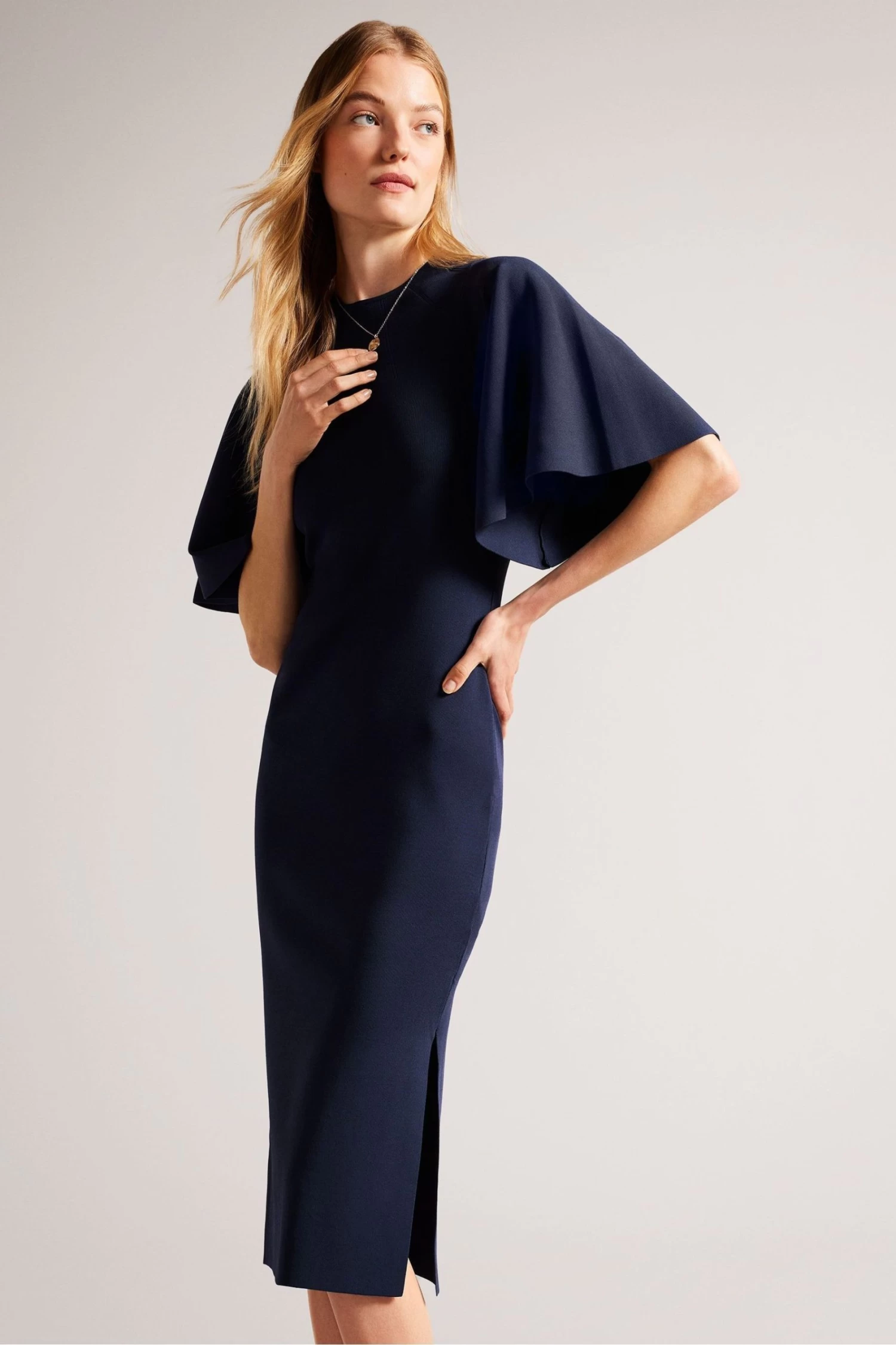 Ted Baker Lounia Blue Fluted Sleeve Knitted Bodycon Midi Dress - Image 3