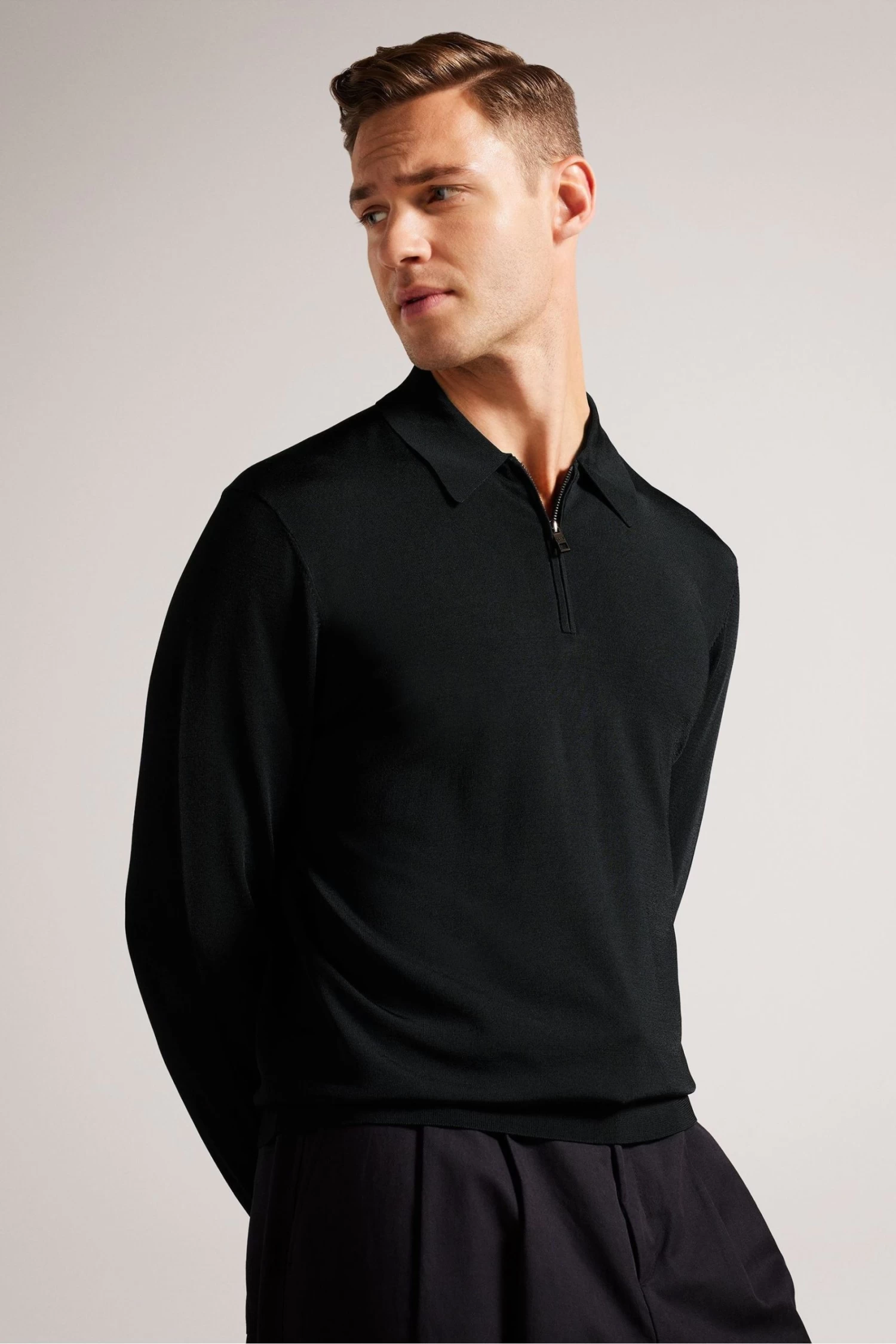 Ted Baker Viba Black Regular Half Zip Rayon Polo Shirt