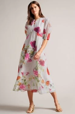 Ted Baker Mekayla White Empire Line Midi Dress With Puff Sleeves
