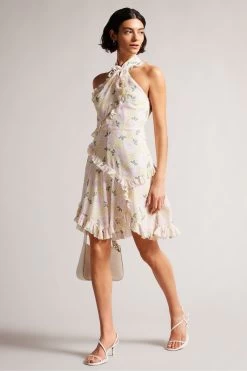 Ted Baker Suttonn Light Yellow Twist Neck Frill Detail Mini Dress