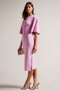 Ted Baker Lilac Purple Lounia Fluted Sleeve Knitted Bodycon Midi Dress