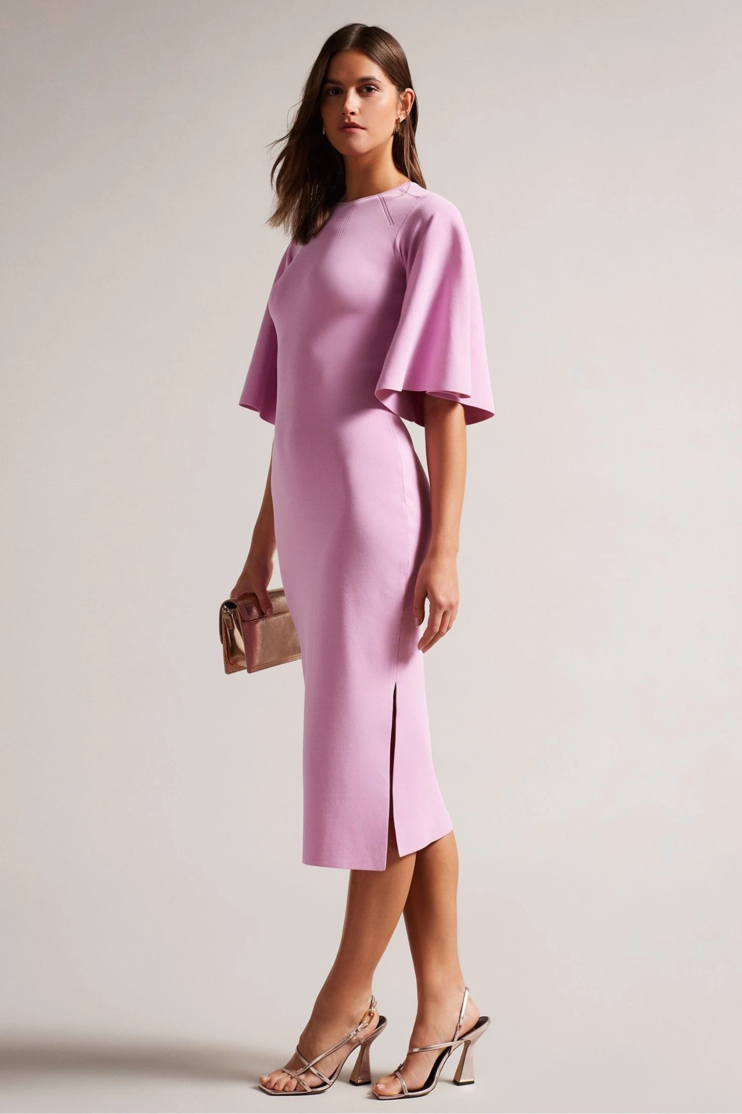 Ted Baker Lilac Purple Lounia Fluted Sleeve Knitted Bodycon Midi Dress
