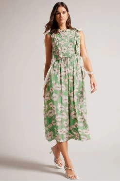 Ted Baker Green Tindraa Sleeveless Frilled Midi Dress