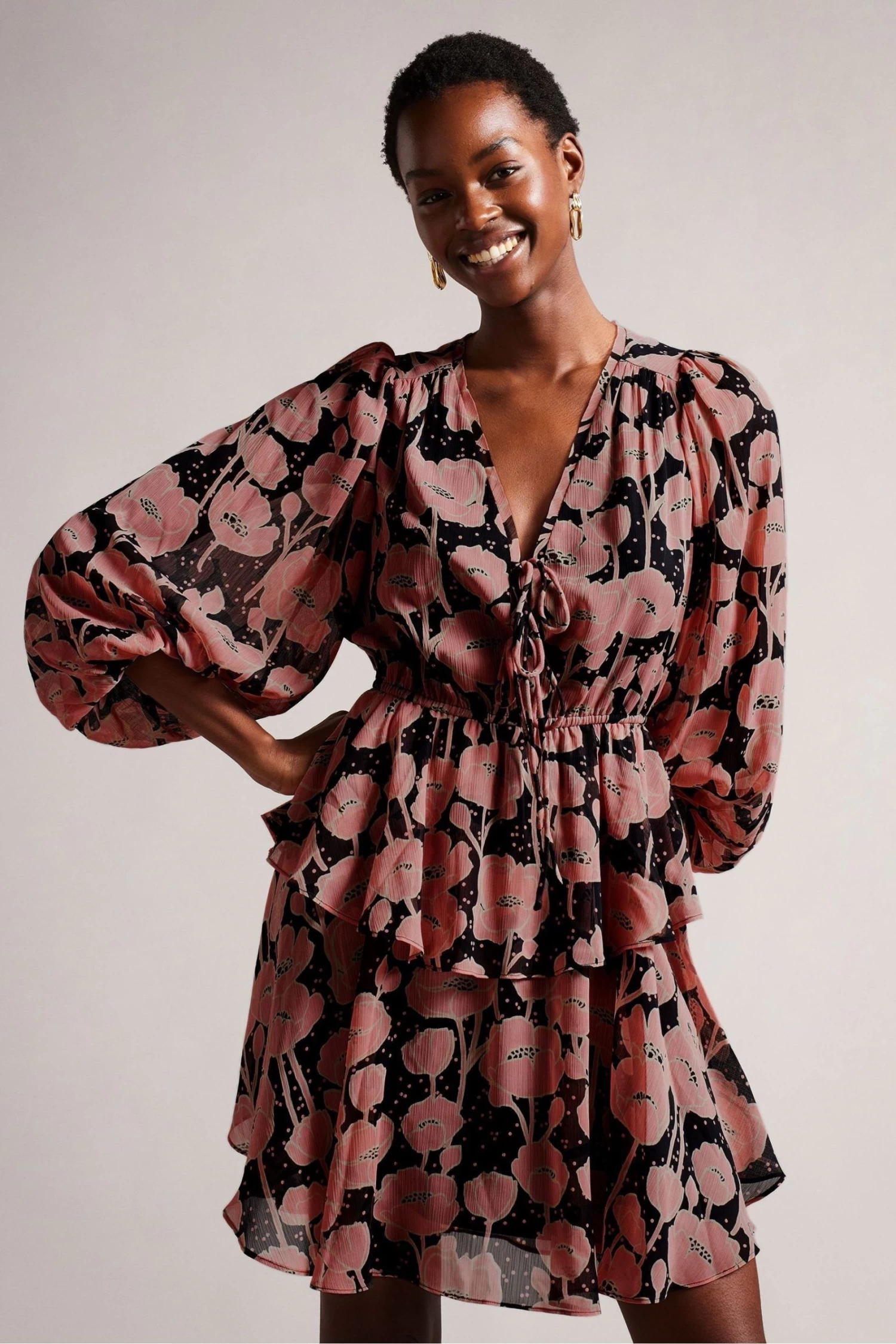 Ted Baker Priana Black V-Neck Printed Tie Front Mini Dress