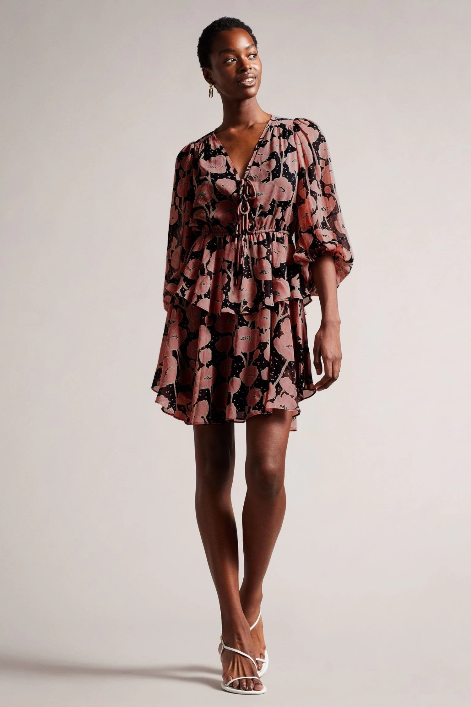 Ted Baker Priana Black V-Neck Printed Tie Front Mini Dress - Image 3