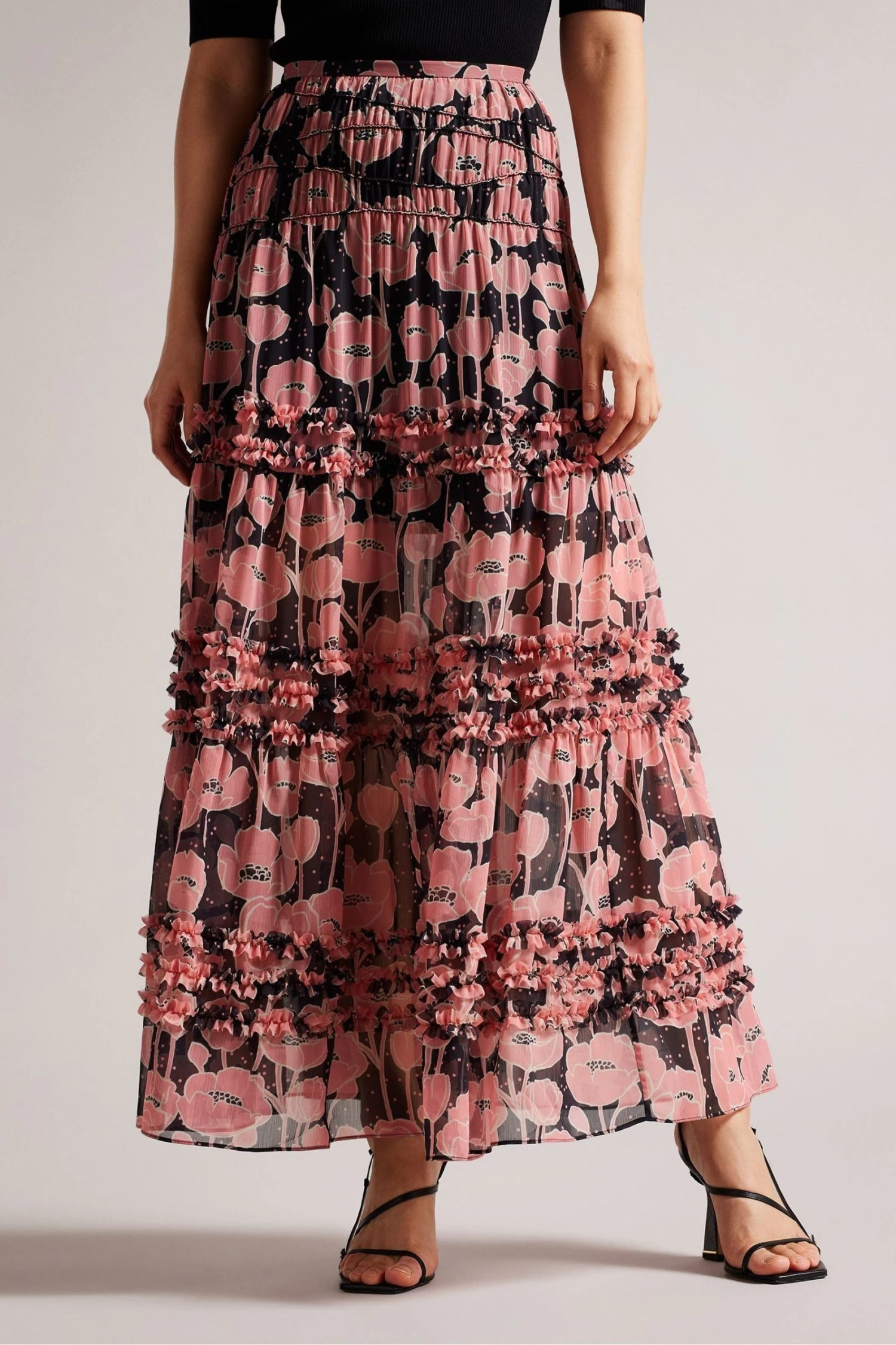 Ted Baker Allesaa Micro Ruffle Tiered Black Midaxi Skirt