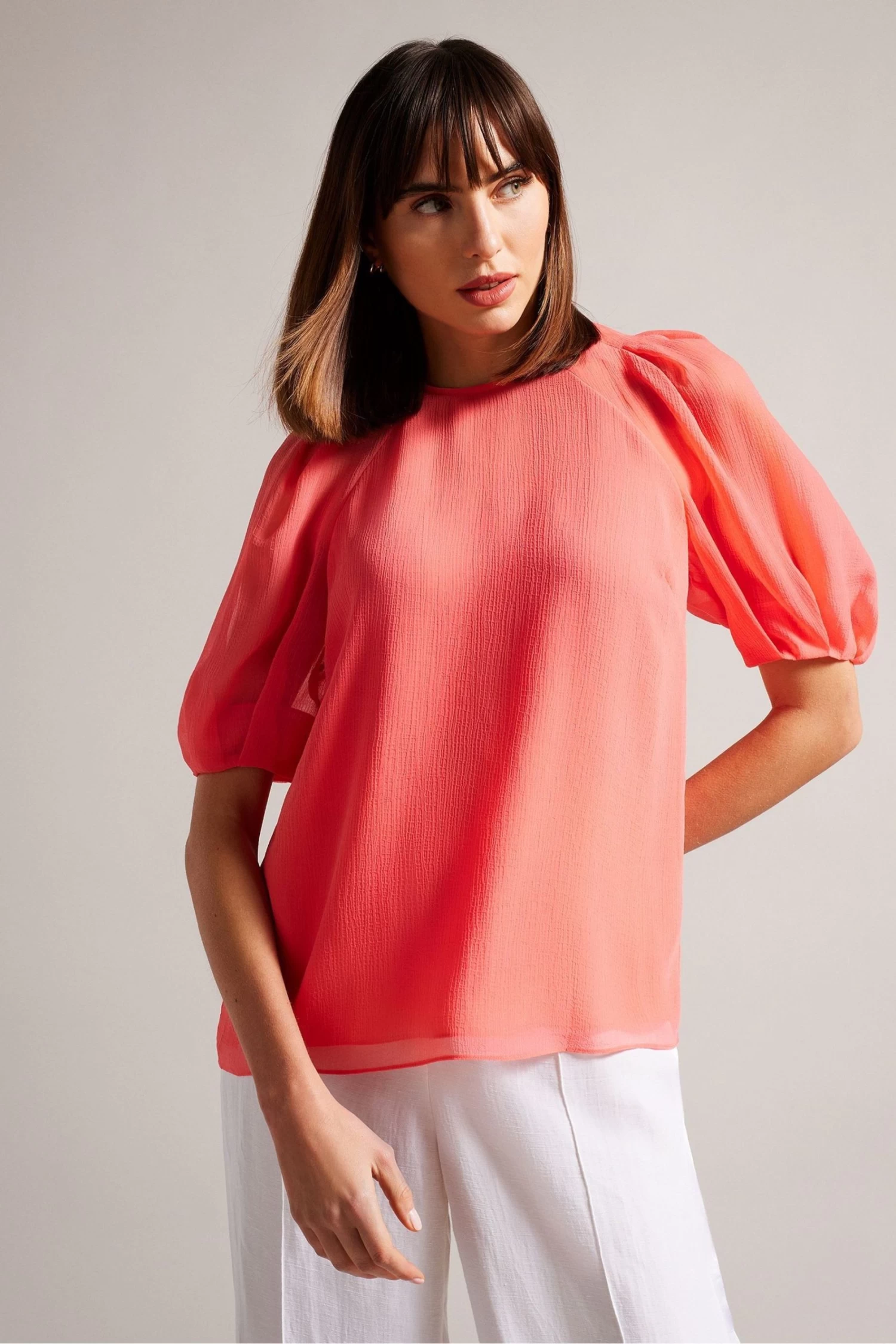 Ted Baker Pink Natelie Coral Boxy Top With Puff Sleeves