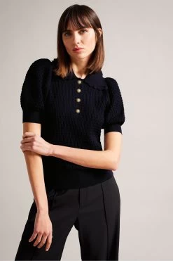 Ted Baker Blue Reannia Polo Knit Top With Diamante Buttons