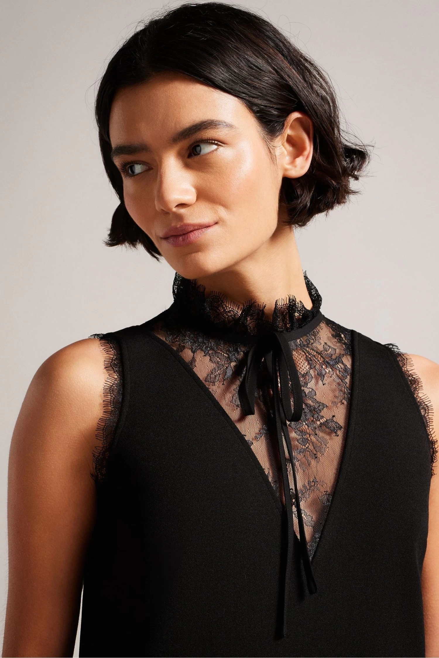 Ted Baker Chharis Black Shift Dress With Lace Panels And Neck Tie - Image 3