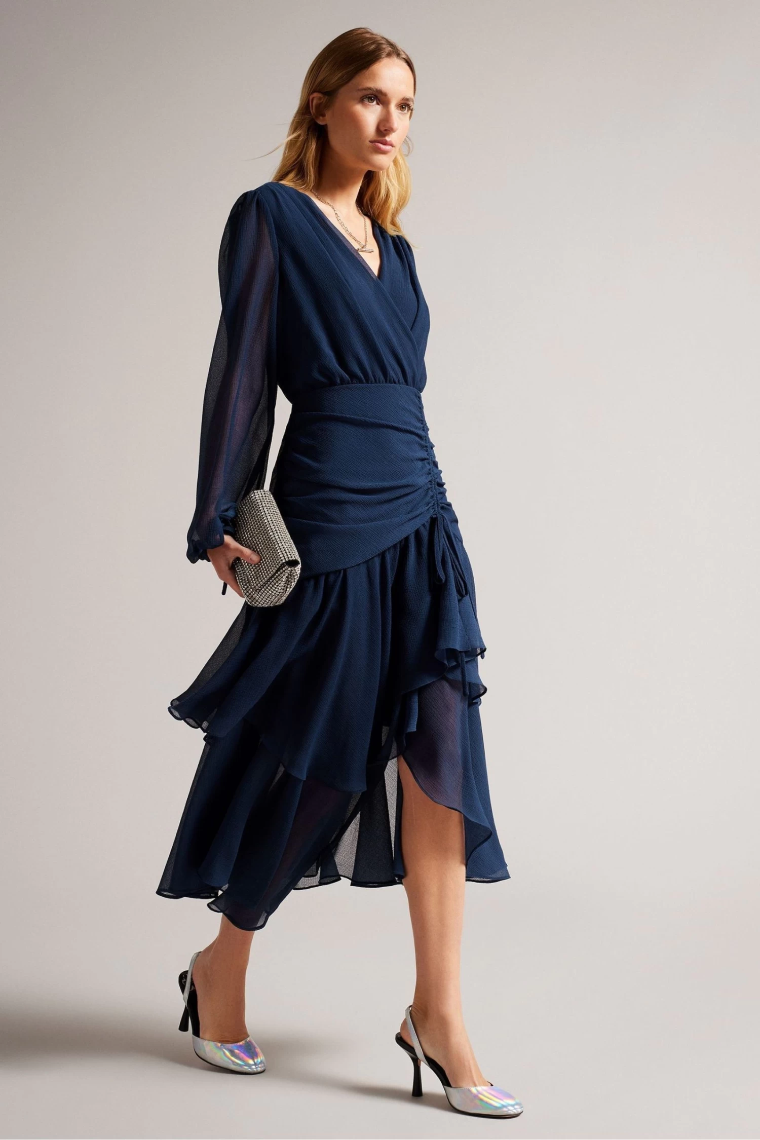 Ted Baker Kiali Blue Long Sleeve Midi Dress With Ruched Detail
