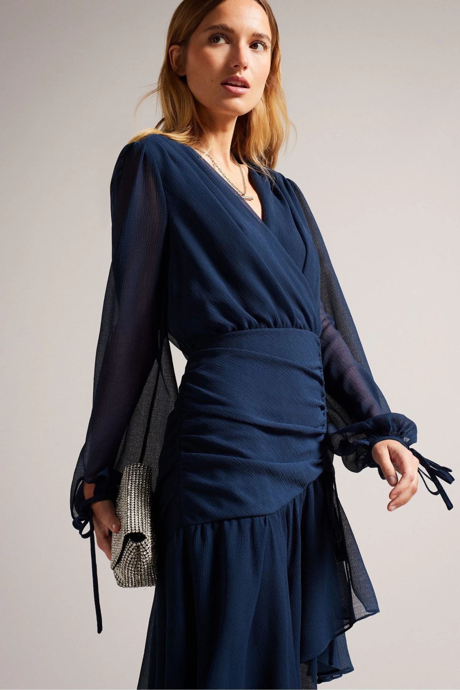 Ted Baker Kiali Blue Long Sleeve Midi Dress With Ruched Detail - Image 3