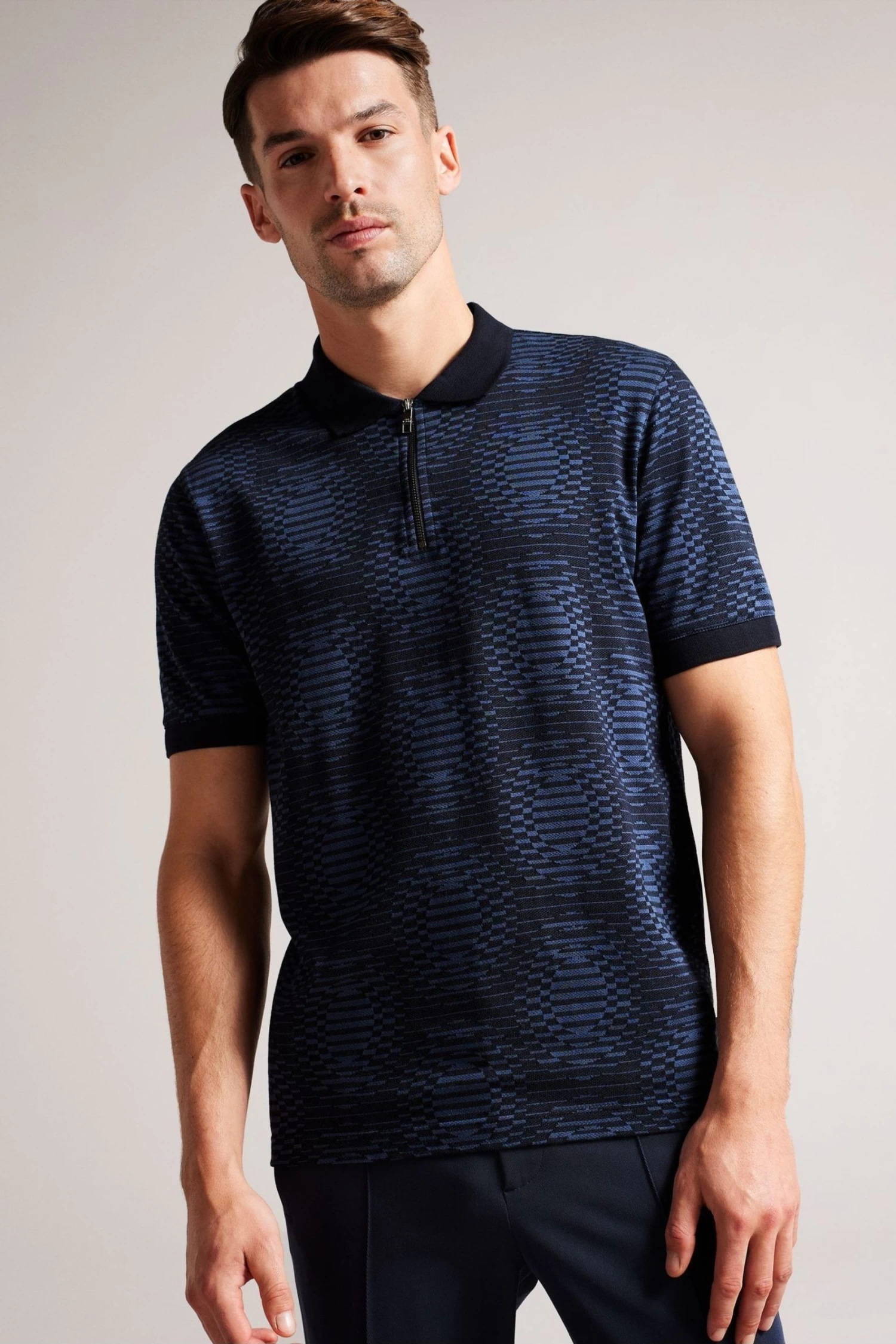 Ted Baker Blue Ono Short Sleeved Jacquard Distorted Spot Polo Shirt