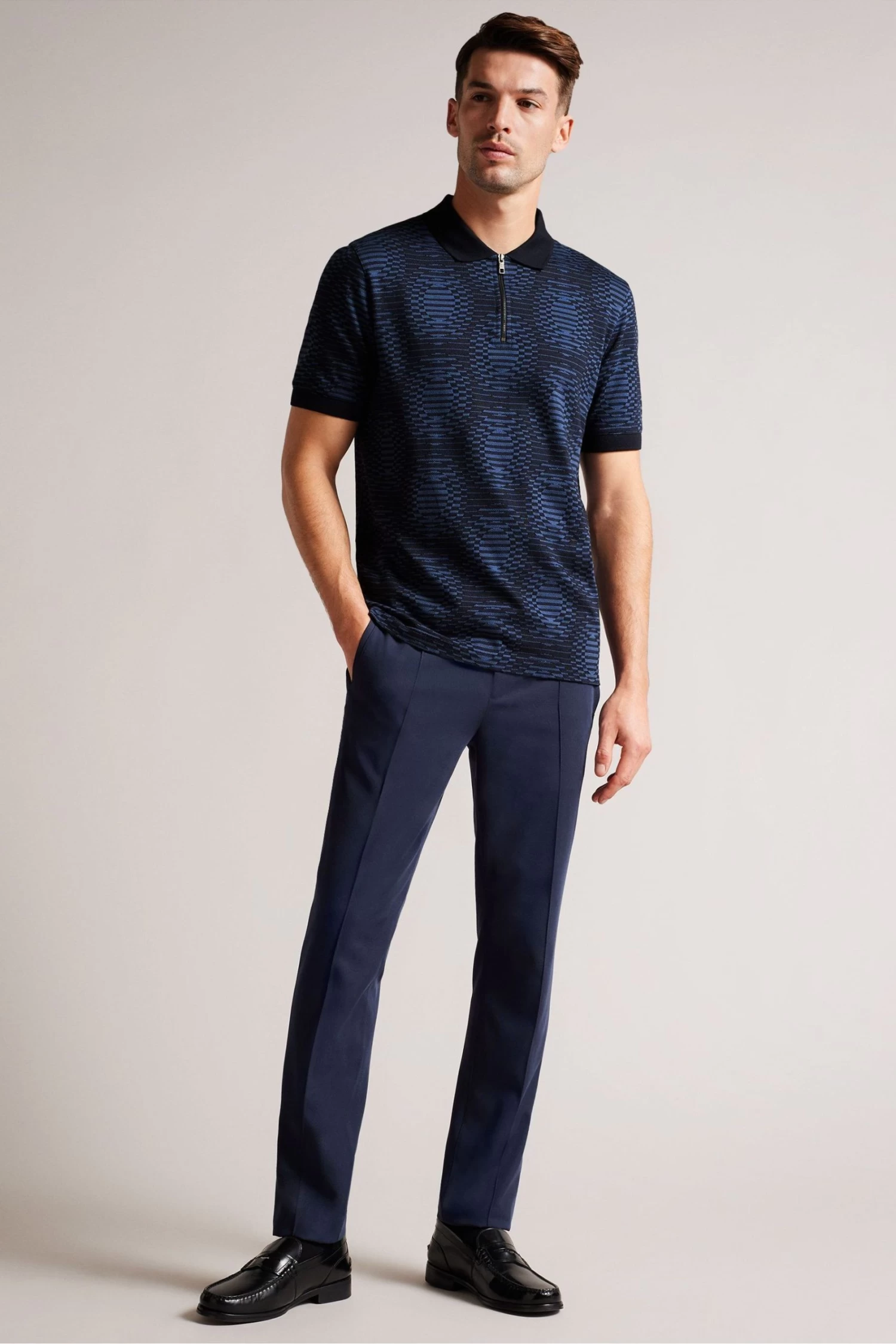 Ted Baker Blue Ono Short Sleeved Jacquard Distorted Spot Polo Shirt - Image 3