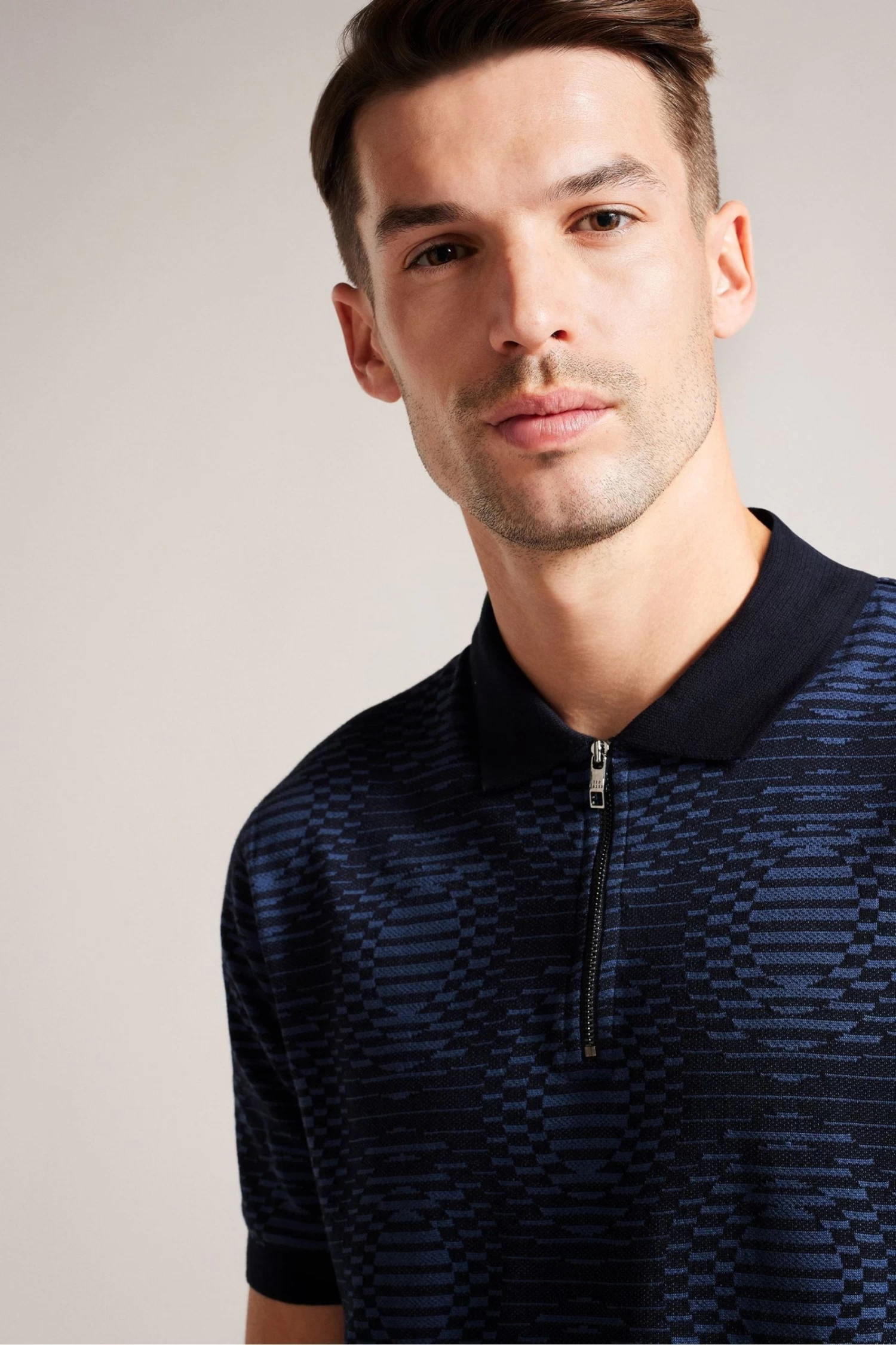 Ted Baker Blue Ono Short Sleeved Jacquard Distorted Spot Polo Shirt - Image 4