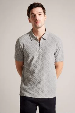 Ted Baker Grey Maroc Marl Short Sleeved Regular Zip Jacquard Polo