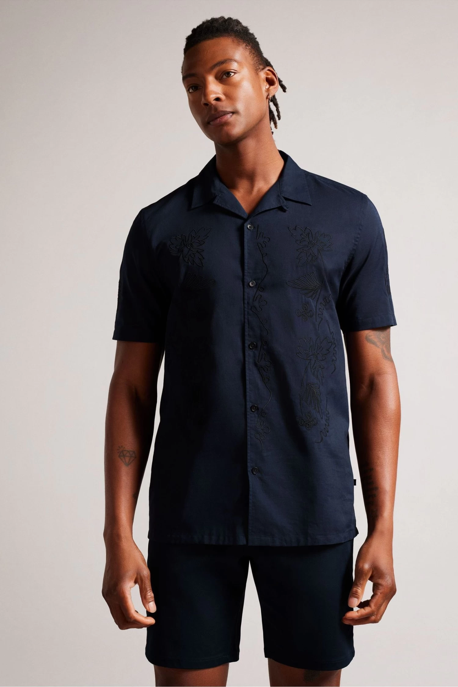 Ted Baker Blue Ranney Short Sleeve Embroidered Panel Shirt