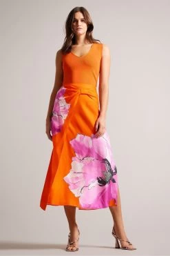 Ted Baker Orange Bethhie Asymmetric Twist Slip Skirt