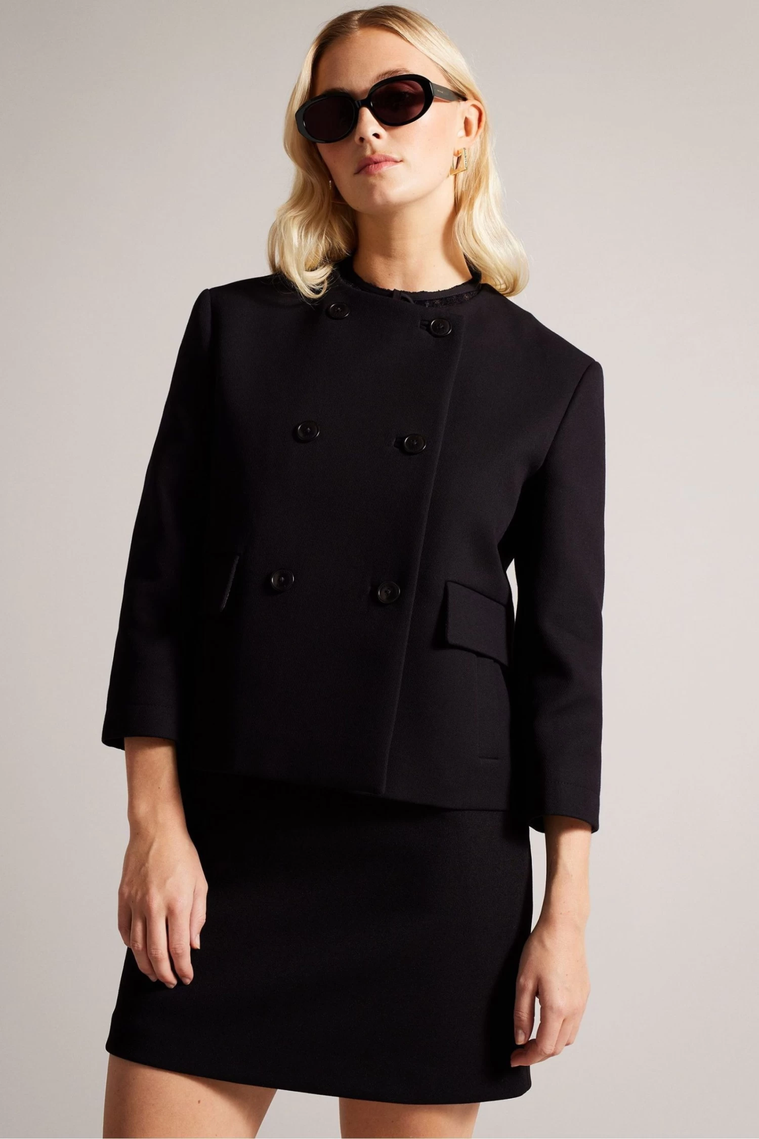Ted Baker Molleia Double Breasted Cropped Collarless Black Coat - Image 3