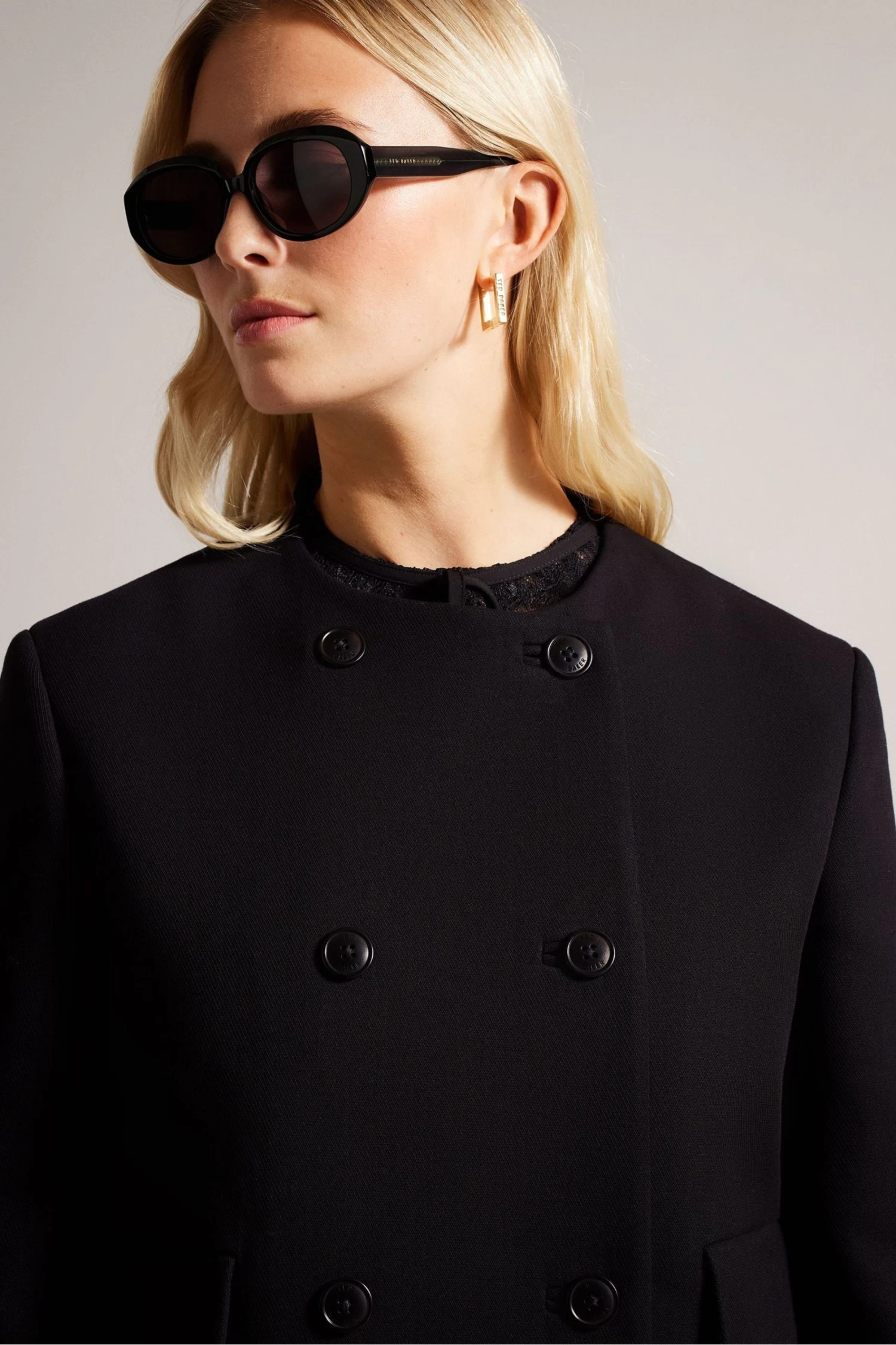 Ted Baker Molleia Double Breasted Cropped Collarless Black Coat - Image 4
