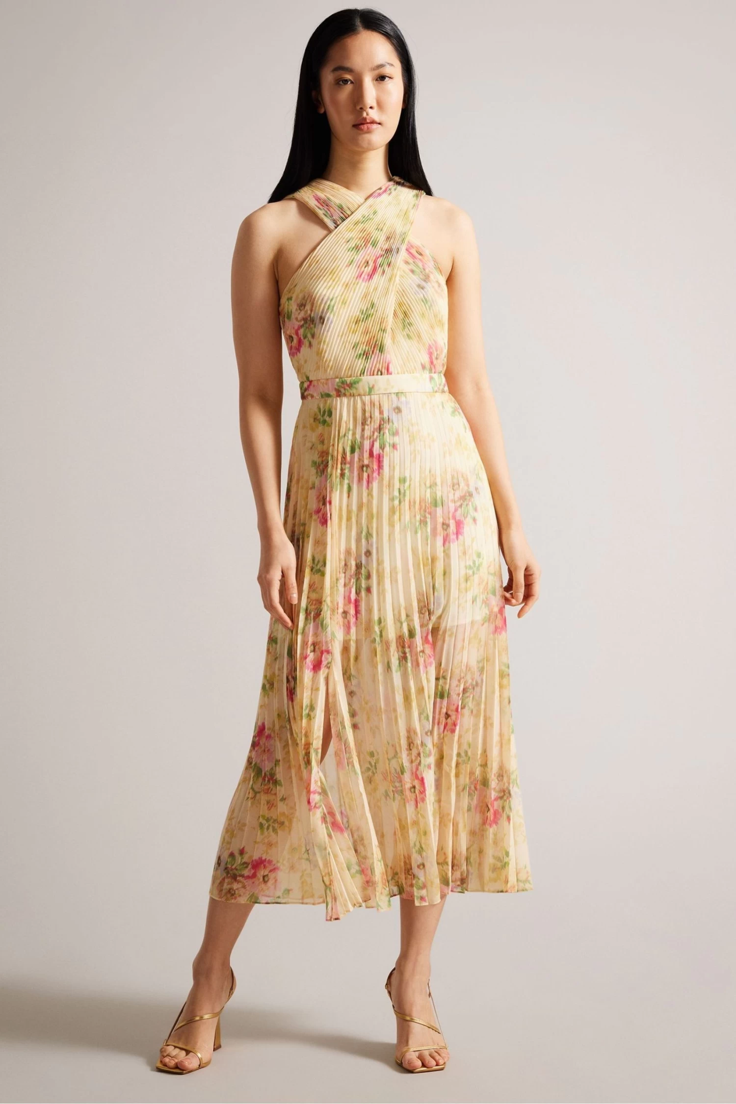 Ted Baker Natural Amerah Tan Cross Front Pleated Midi Dress