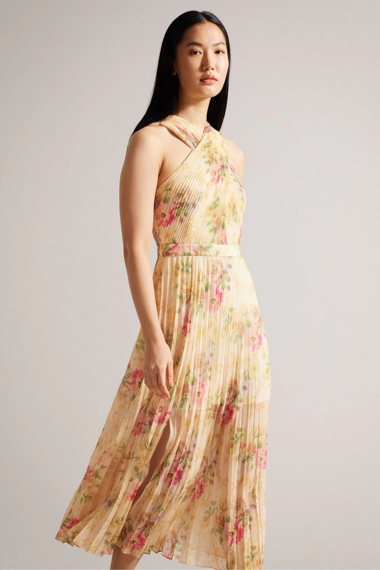 Ted Baker Natural Amerah Tan Cross Front Pleated Midi Dress - Image 3