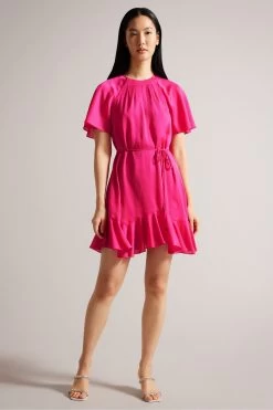 Ted Baker Pink Elsieee Fluted Hem Mini Dress