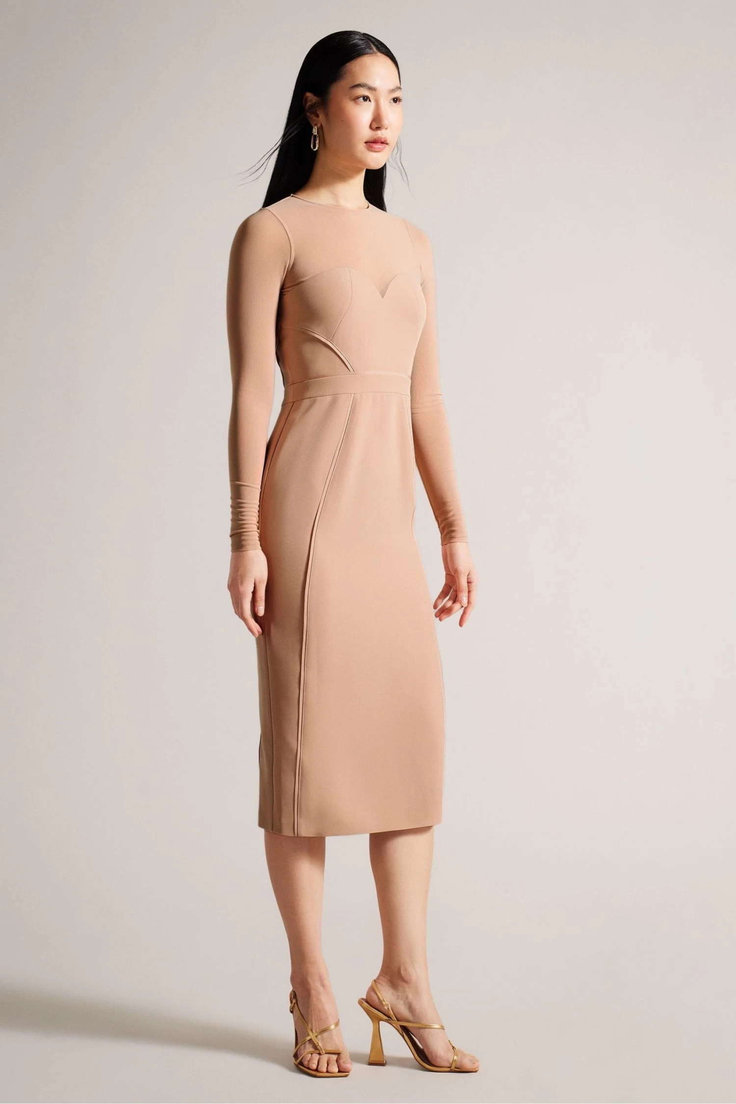 Ted Baker Ivylou Bodycon Nude Midi Dress With Sheer Panels