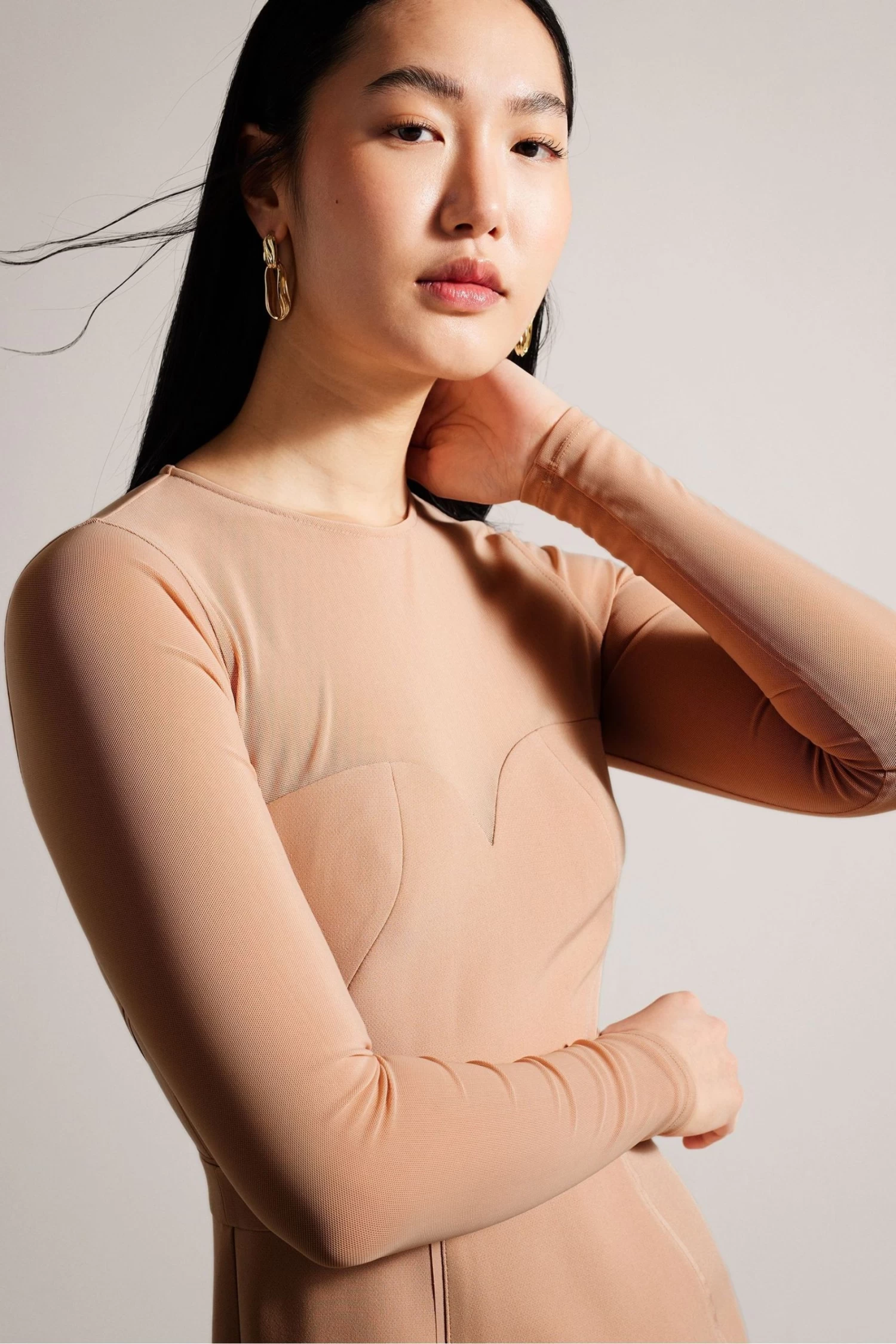 Ted Baker Ivylou Bodycon Nude Midi Dress With Sheer Panels - Image 3