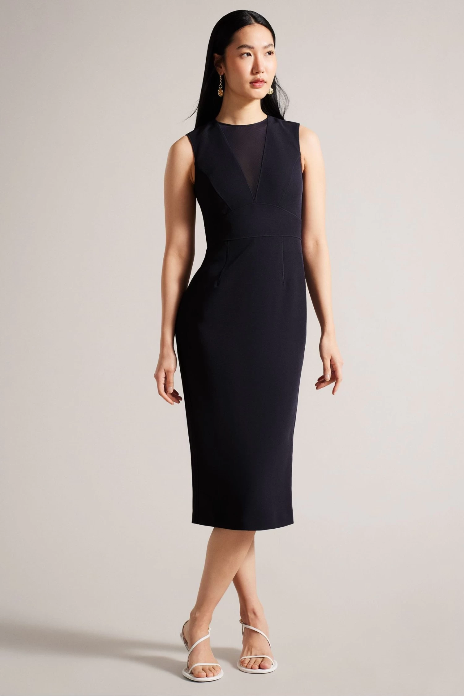 Ted Baker Blue Elissii Bodycon Midi Dress With Sheer Panelling