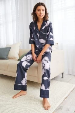 B By Ted Baker Navy Blue/Lilac Purple Jacquard Spot Satin Pyjama Set