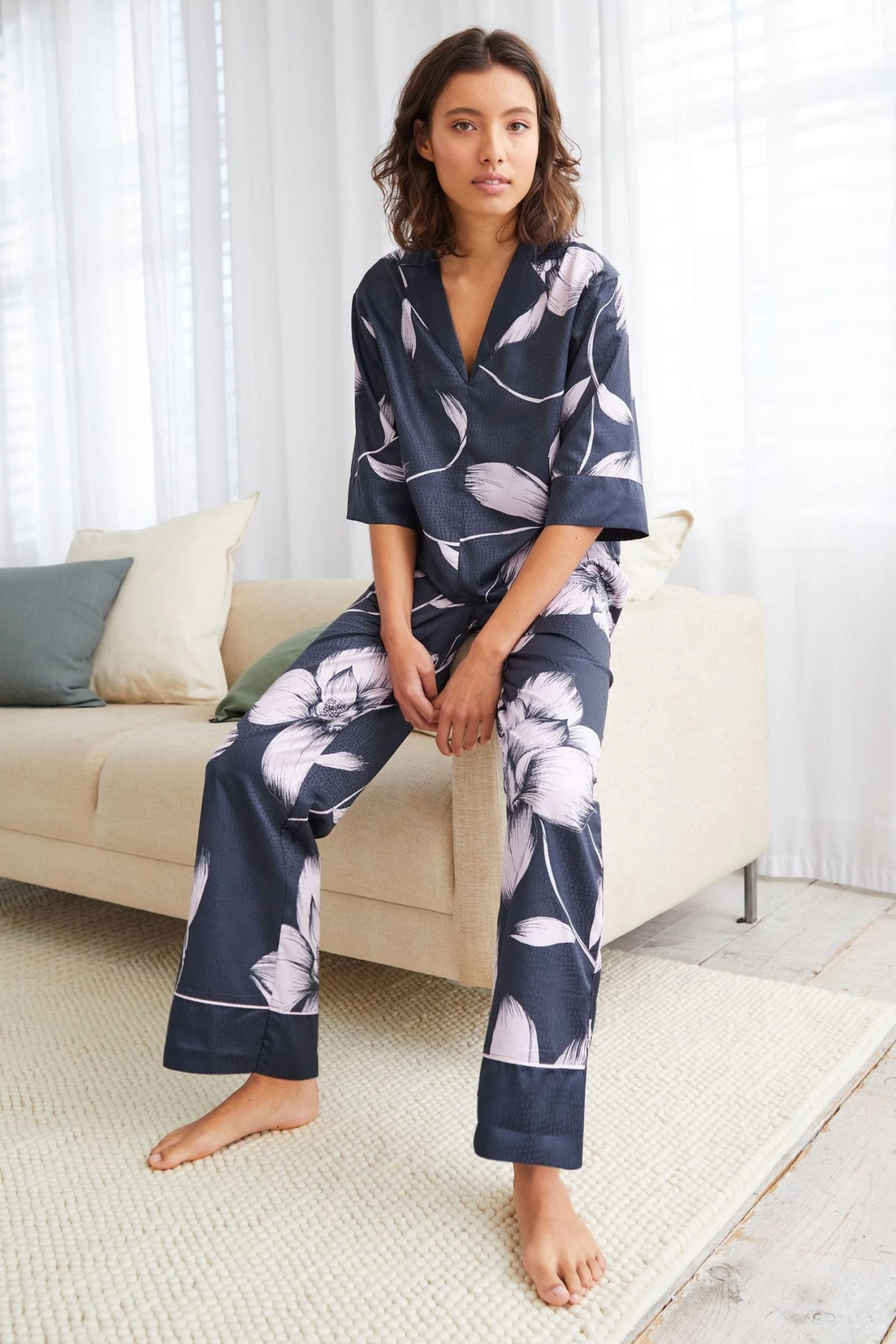 B By Ted Baker Navy Blue/Lilac Purple Jacquard Spot Satin Pyjama Set