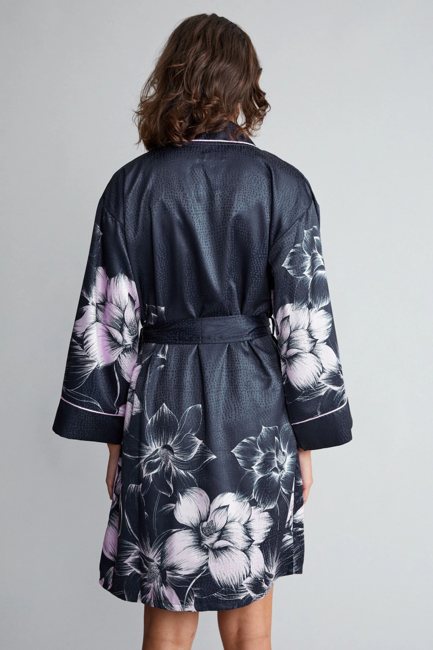 B By Ted Baker Navy Blue/Lilac Purple Jacquard Spot Satin Dressing Gown - Image 3