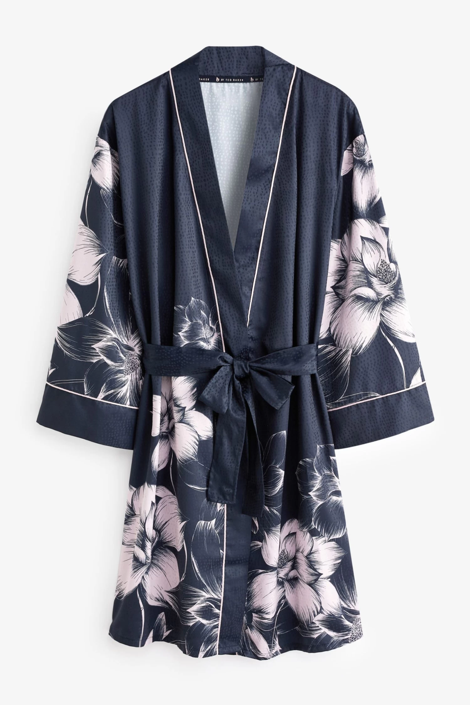 B By Ted Baker Navy Blue/Lilac Purple Jacquard Spot Satin Dressing Gown - Image 6