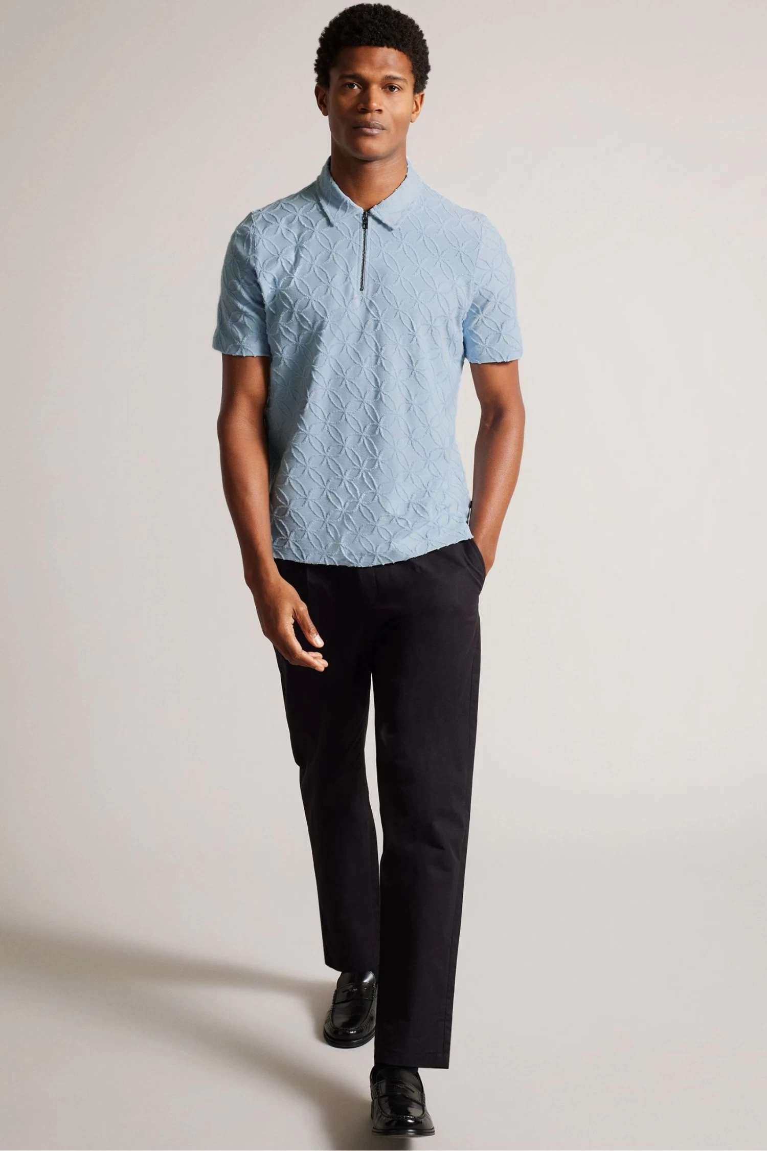 Ted Baker Blue Maroc Short Sleeved Regular Zip Jacquard Polo Shirt