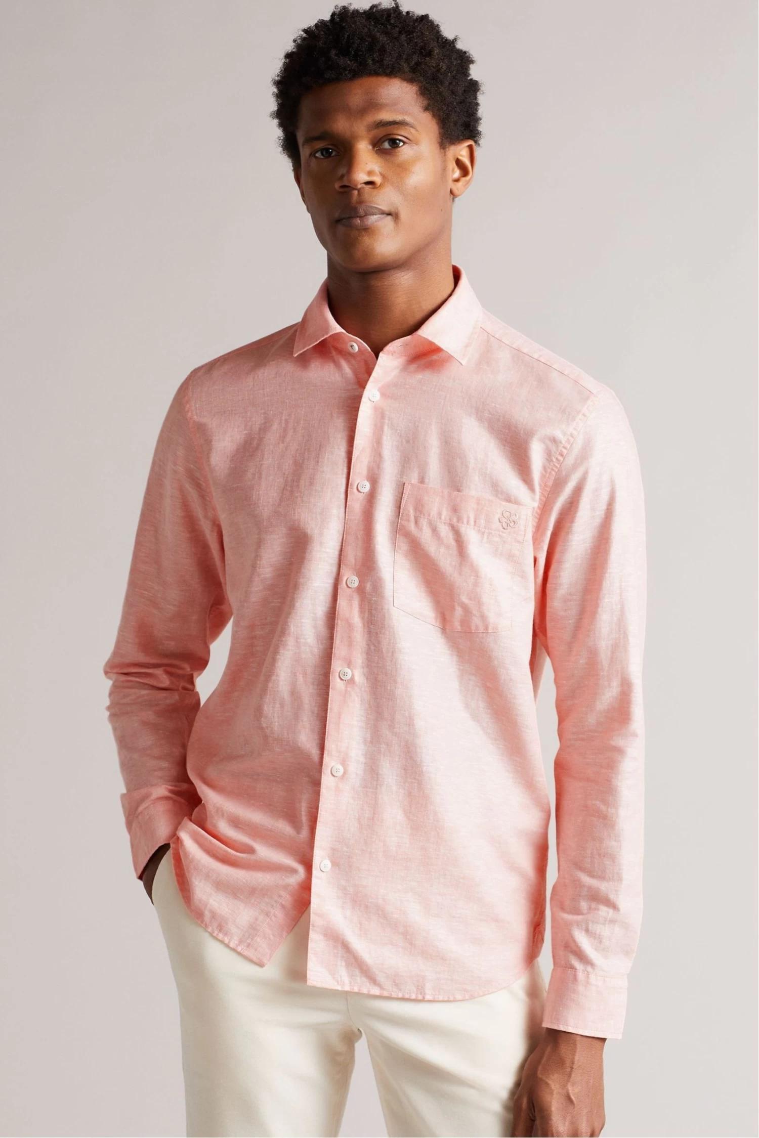 Ted Baker Remark Coral Pink Long Sleeve Linen Shirt