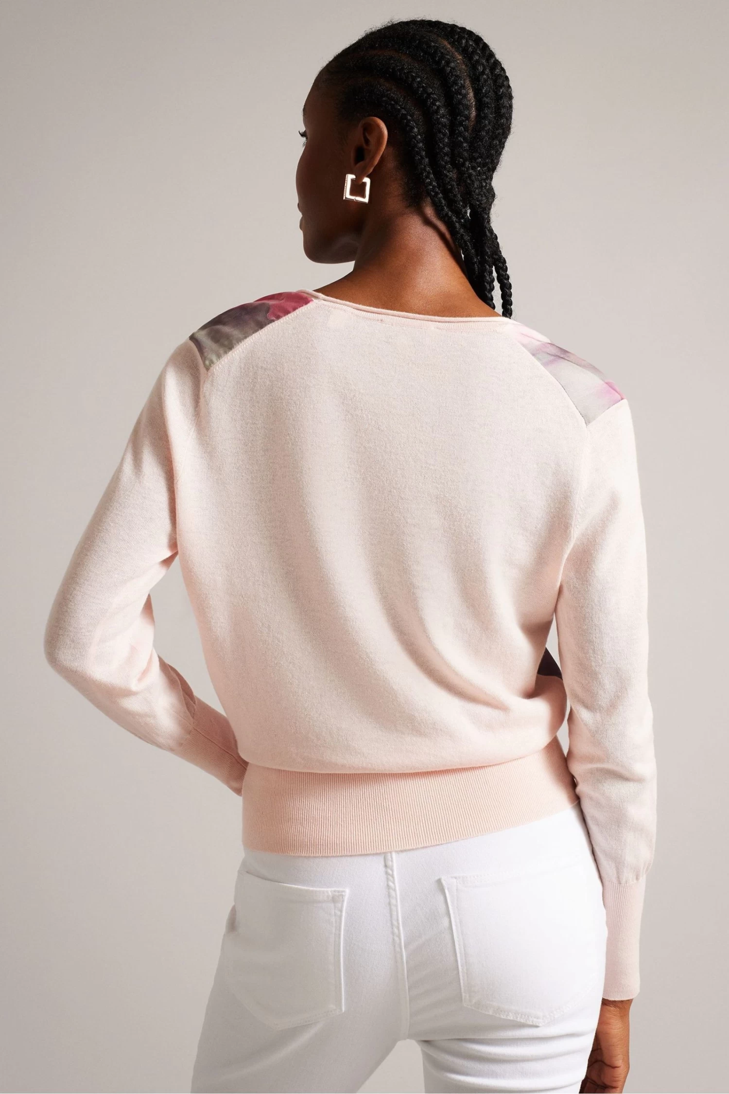 Ted Baker Pink Lusindi Coral Woven Front V-Neck Sweater - Image 2