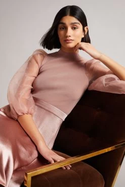 Ted Baker Dusky Pink Lharra Knit Satin And Organza Midi Dress