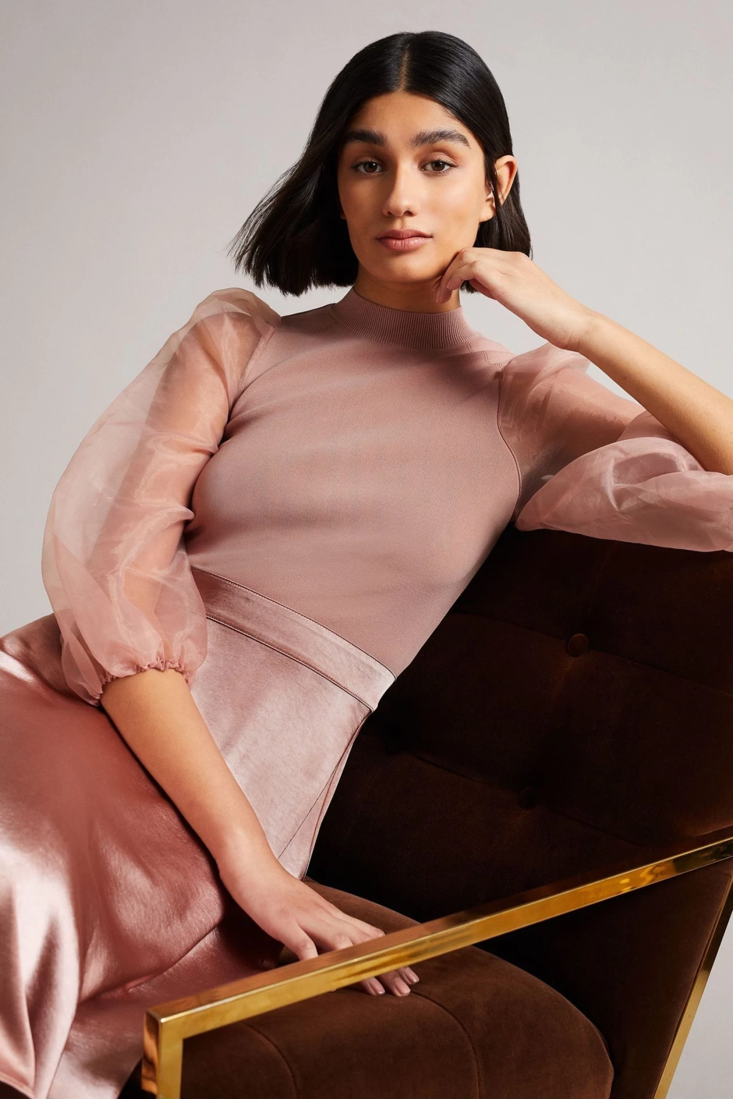 Ted Baker Dusky Pink Lharra Knit Satin And Organza Midi Dress