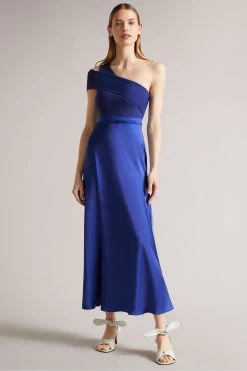 Ted Baker Ivena Black Asymmetric Knit Bodice Satin Skirt Dress