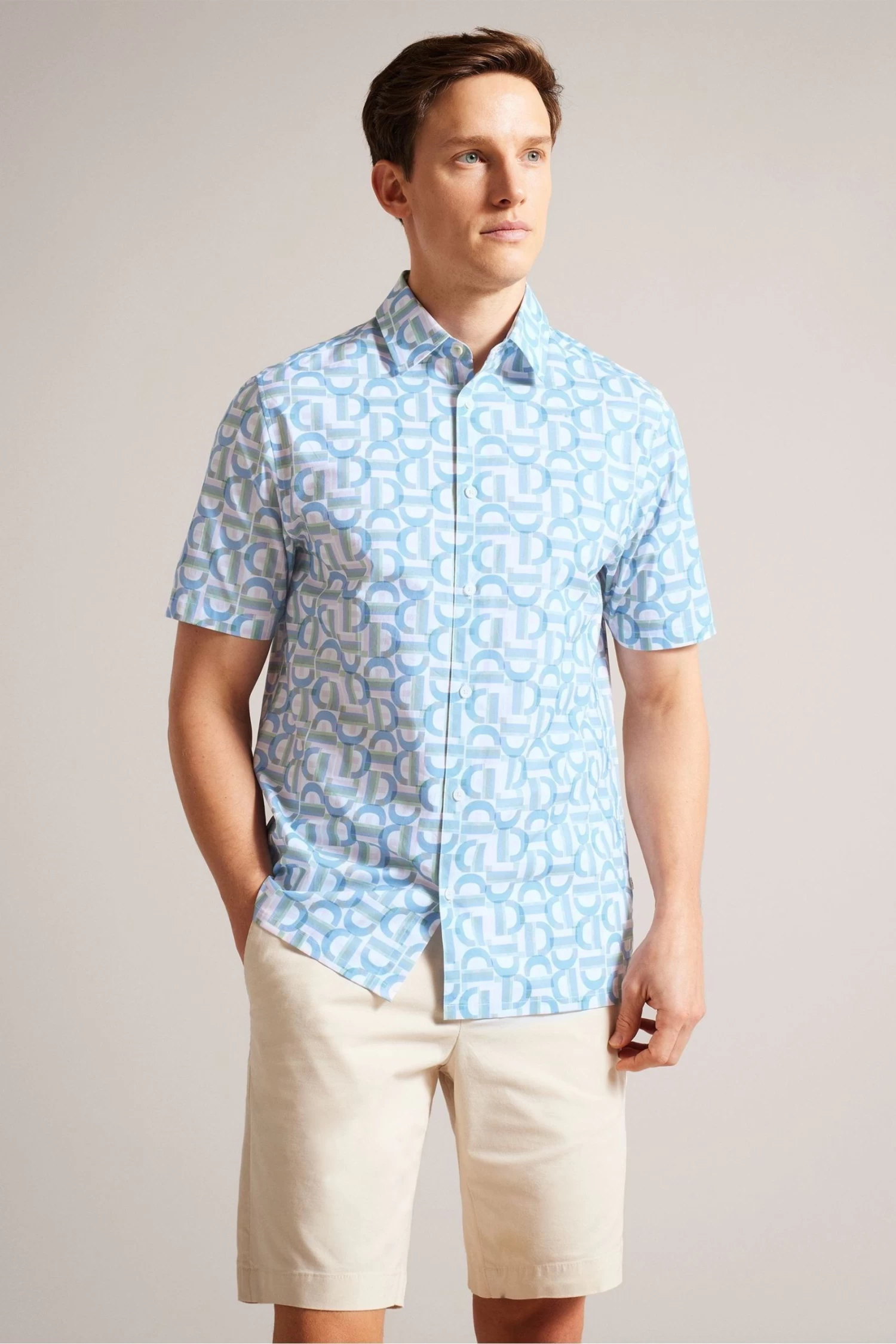 Ted Baker Blue Glais Short Sleeve Cotton Branded Geo Shirt