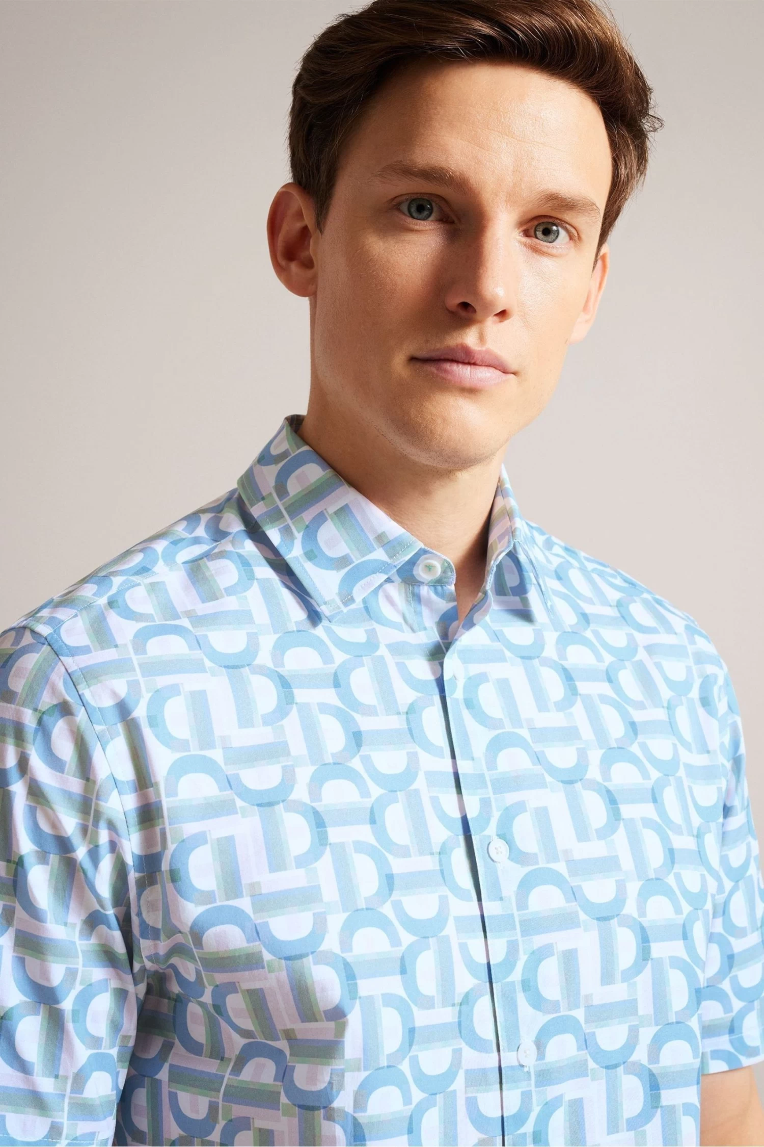 Ted Baker Blue Glais Short Sleeve Cotton Branded Geo Shirt - Image 4