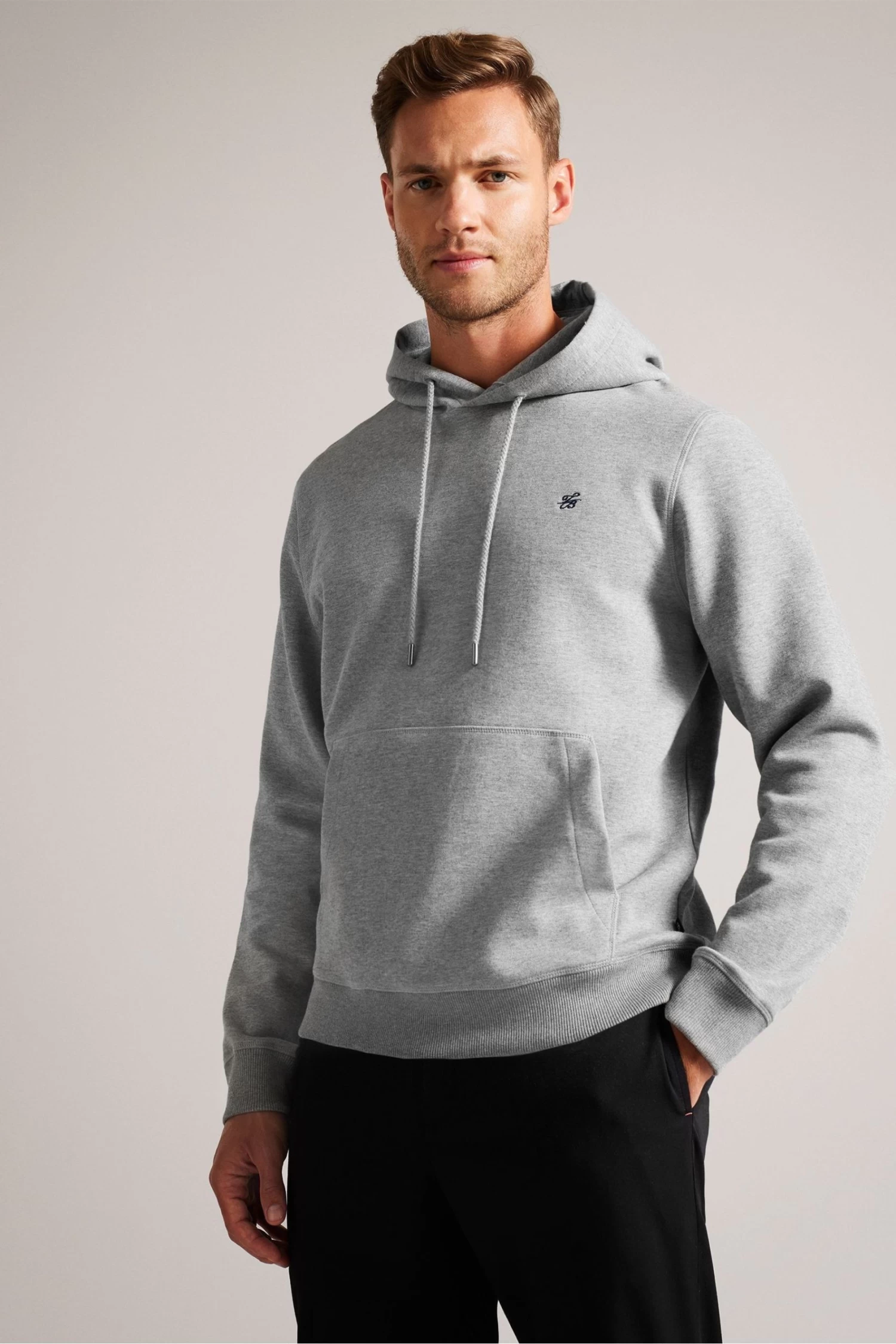 Ted Baker Grey Marl Mayall Long Sleeved Regular Hoodie With Embroidery