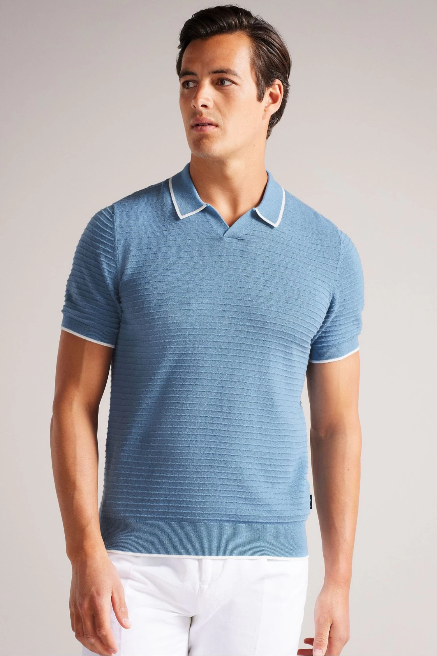 Ted Baker Blue Textured Striped Knitted Polo Shirt
