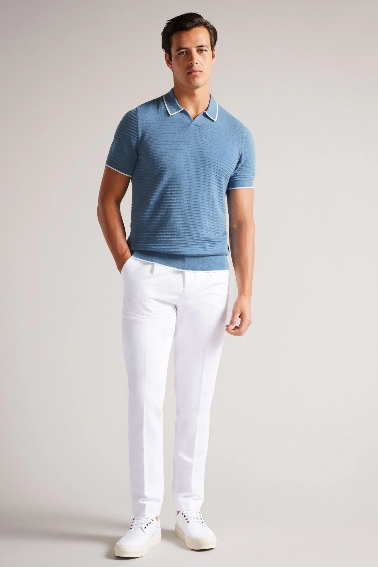 Ted Baker Blue Textured Striped Knitted Polo Shirt - Image 3